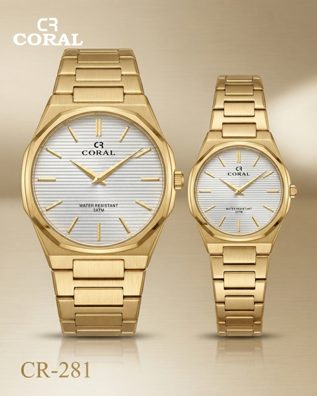 Coral CR-281 Couple Watches Set – Water Resistant 3ATM, 1 Year Warranty