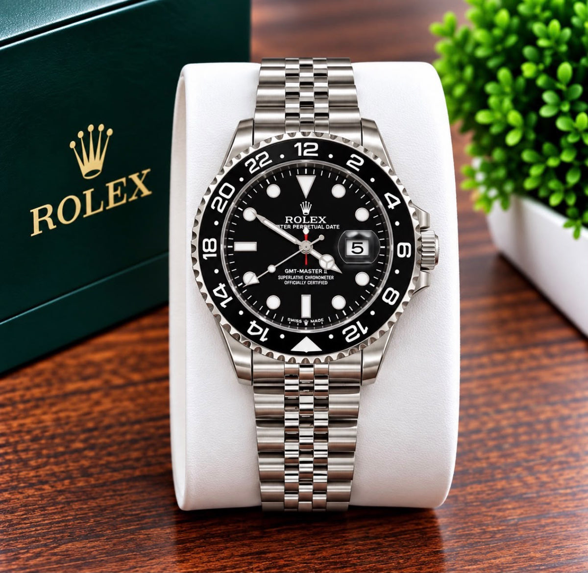 Luxury Black & Blue GMT Style Watch for Men – Silver-Tone Bracelet, Black Dial & Date Display
