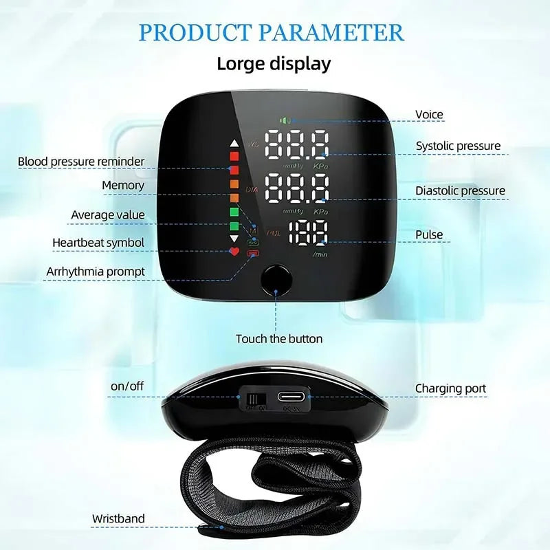 Smart Wrist Blood Pressure Monitor LED Display and Voice Alerts