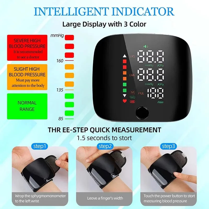 Smart Wrist Blood Pressure Monitor LED Display and Voice Alerts