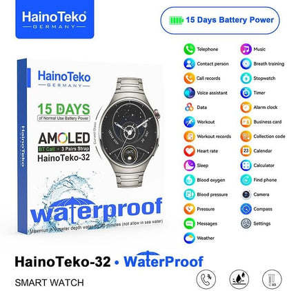 Haino Teko-32 Waterproof Smartwatch – Curved AMOLED Display, Bluetooth Calling & 3 Pair Straps