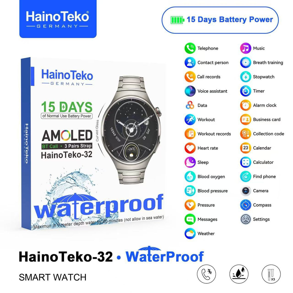 Haino Teko-32 Waterproof Smartwatch – Curved AMOLED Display, Bluetooth Calling & 3 Pair Straps