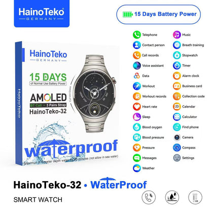 Haino Teko-32 Waterproof Smartwatch – Curved AMOLED Display, Bluetooth Calling & 3 Pair Straps