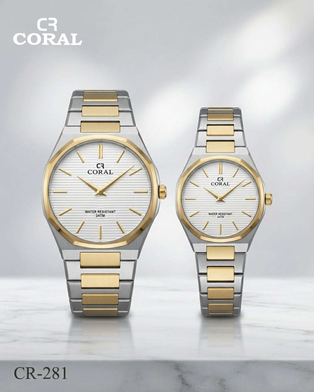 Coral CR-281 Couple Watches Set –  Water Resistant 3ATM, 1 Year Warranty