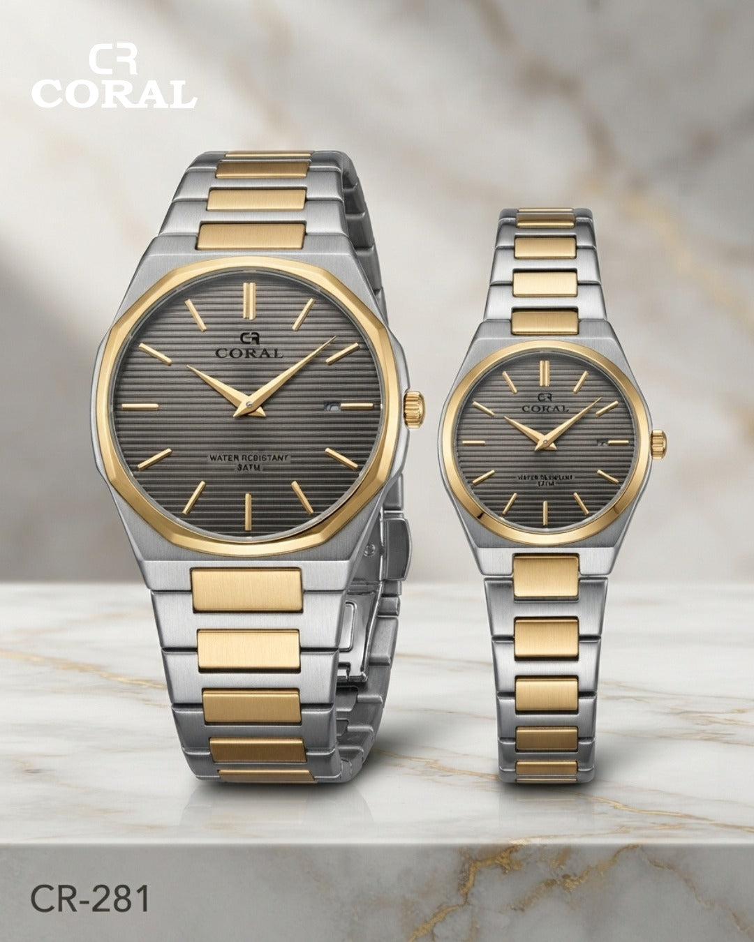 Coral CR-281 Couple Watches Set –  Water Resistant 3ATM, 1 Year Warranty