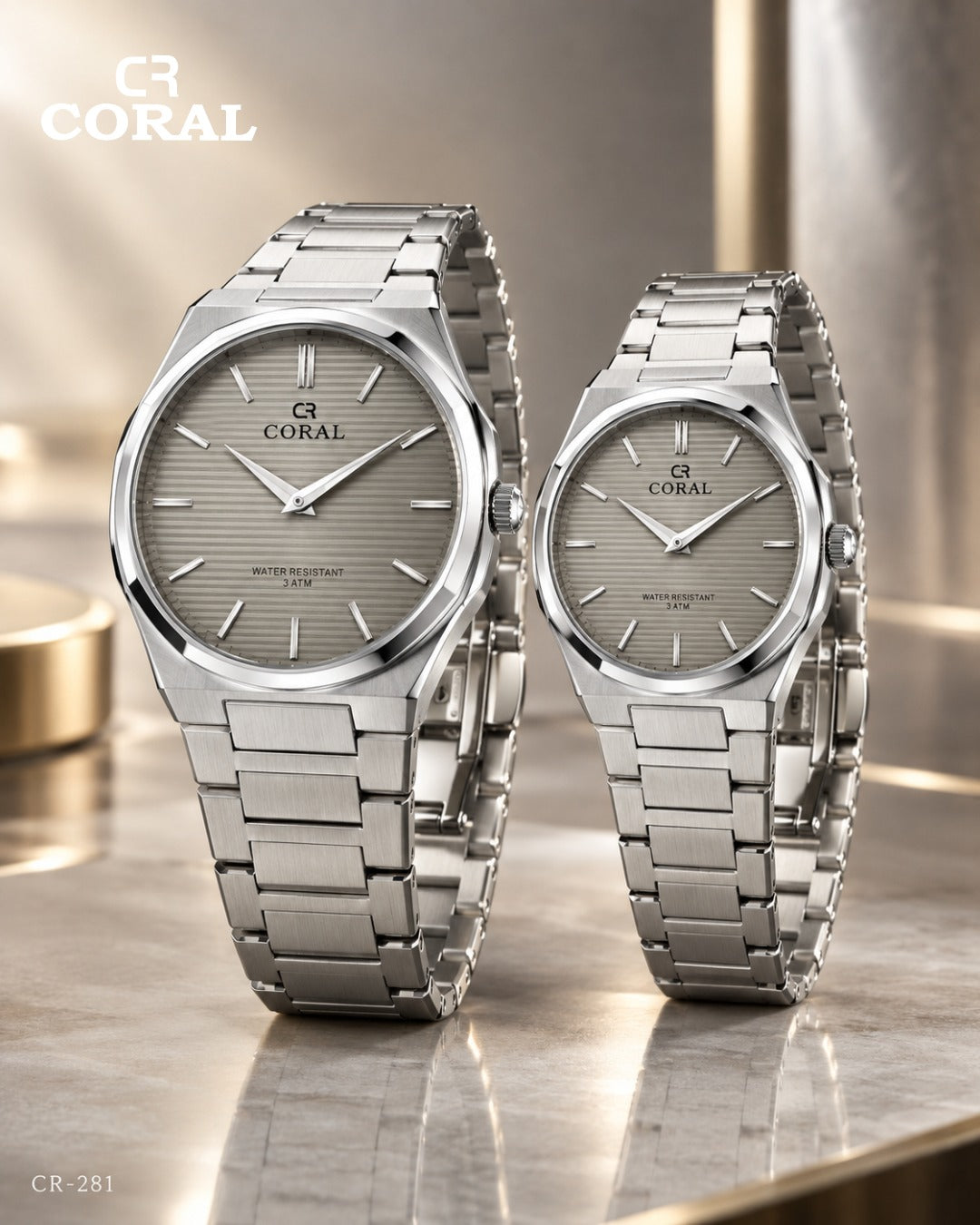 Coral CR-281 Couple Watches Set –  Water Resistant 3ATM, 1 Year Warranty