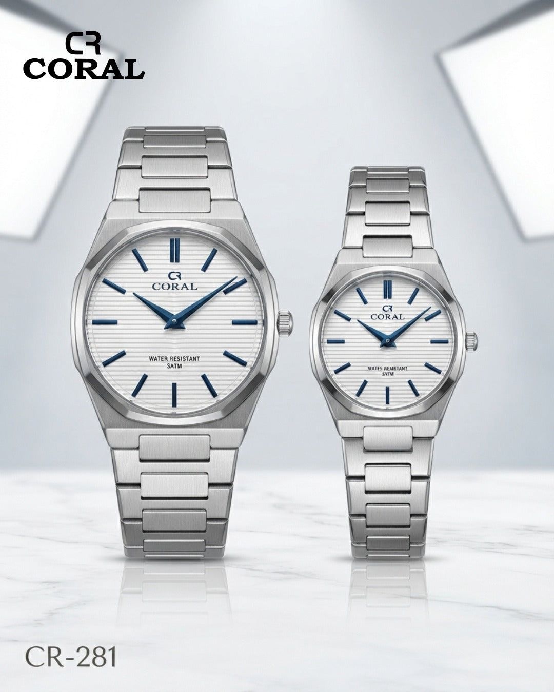 Coral CR-281 Couple Watches Set –  Water Resistant 3ATM, 1 Year Warranty