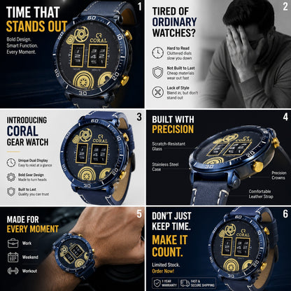 Coral CR-9119 Men’s Luxury Chronograph Watch – Blue & Gold Dial, Premium Leather Strap, Original Watch with 1 Year Warranty