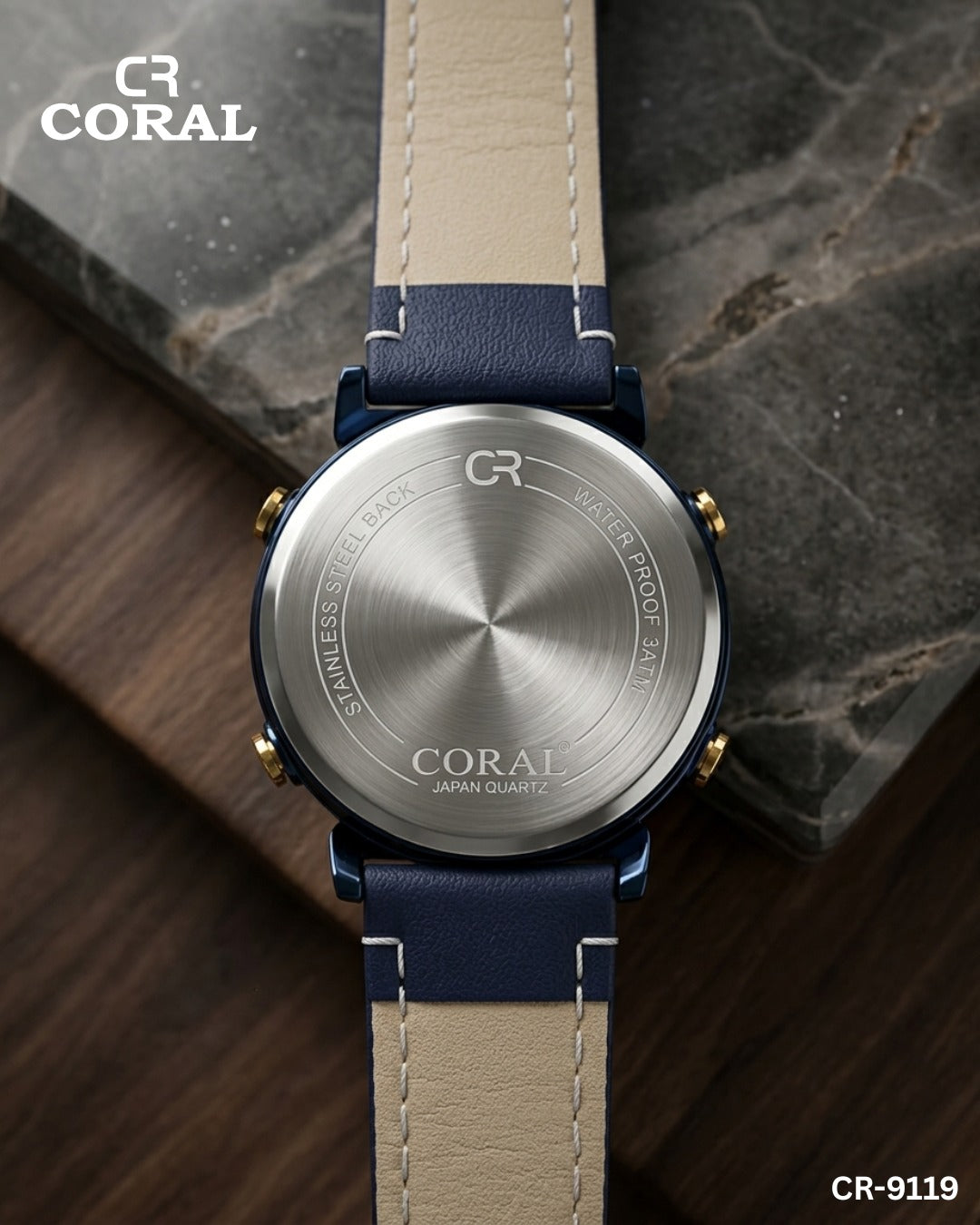 Coral CR-9119 Men’s Luxury Chronograph Watch – Blue & Gold Dial, Premium Leather Strap, Original Watch with 1 Year Warranty