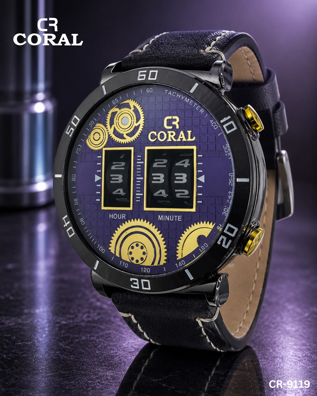 Coral CR-9119 Men’s Luxury Chronograph Watch – Blue & Gold Dial, Premium Leather Strap, Original Watch with 1 Year Warranty
