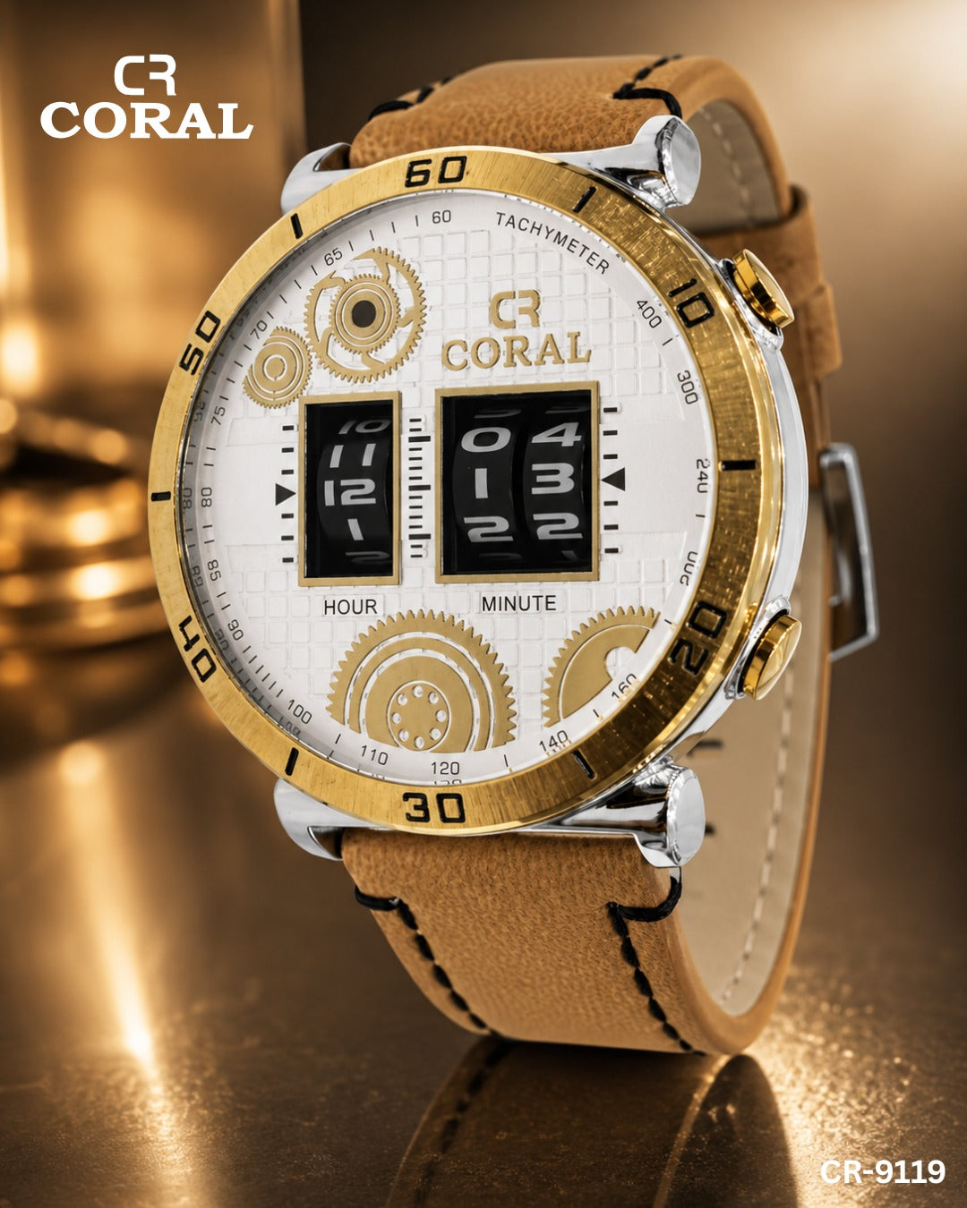 Coral CR-9119 Men’s Luxury Chronograph Watch – Blue & Gold Dial, Premium Leather Strap, Original Watch with 1 Year Warranty