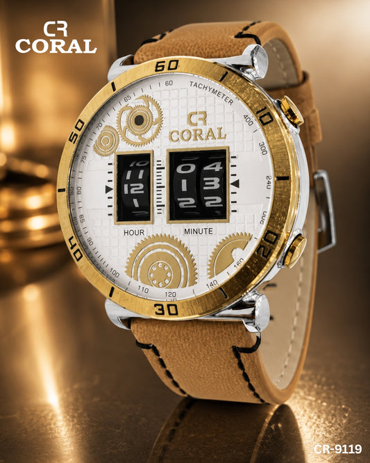 Coral CR-9119 Men’s Luxury Chronograph Watch – Blue & Gold Dial, Premium Leather Strap, Original Watch with 1 Year Warranty