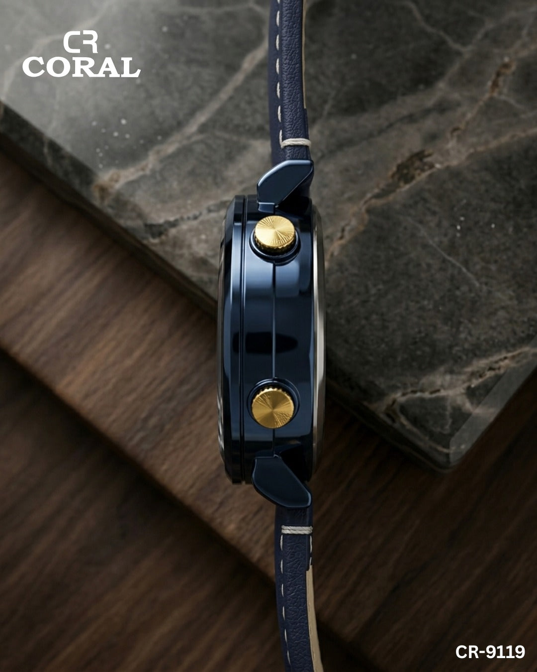 Coral CR-9119 Men’s Luxury Chronograph Watch – Blue & Gold Dial, Premium Leather Strap, Original Watch with 1 Year Warranty