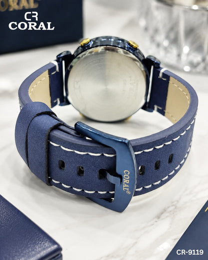Coral CR-9119 Men’s Luxury Chronograph Watch – Blue & Gold Dial, Premium Leather Strap, Original Watch with 1 Year Warranty