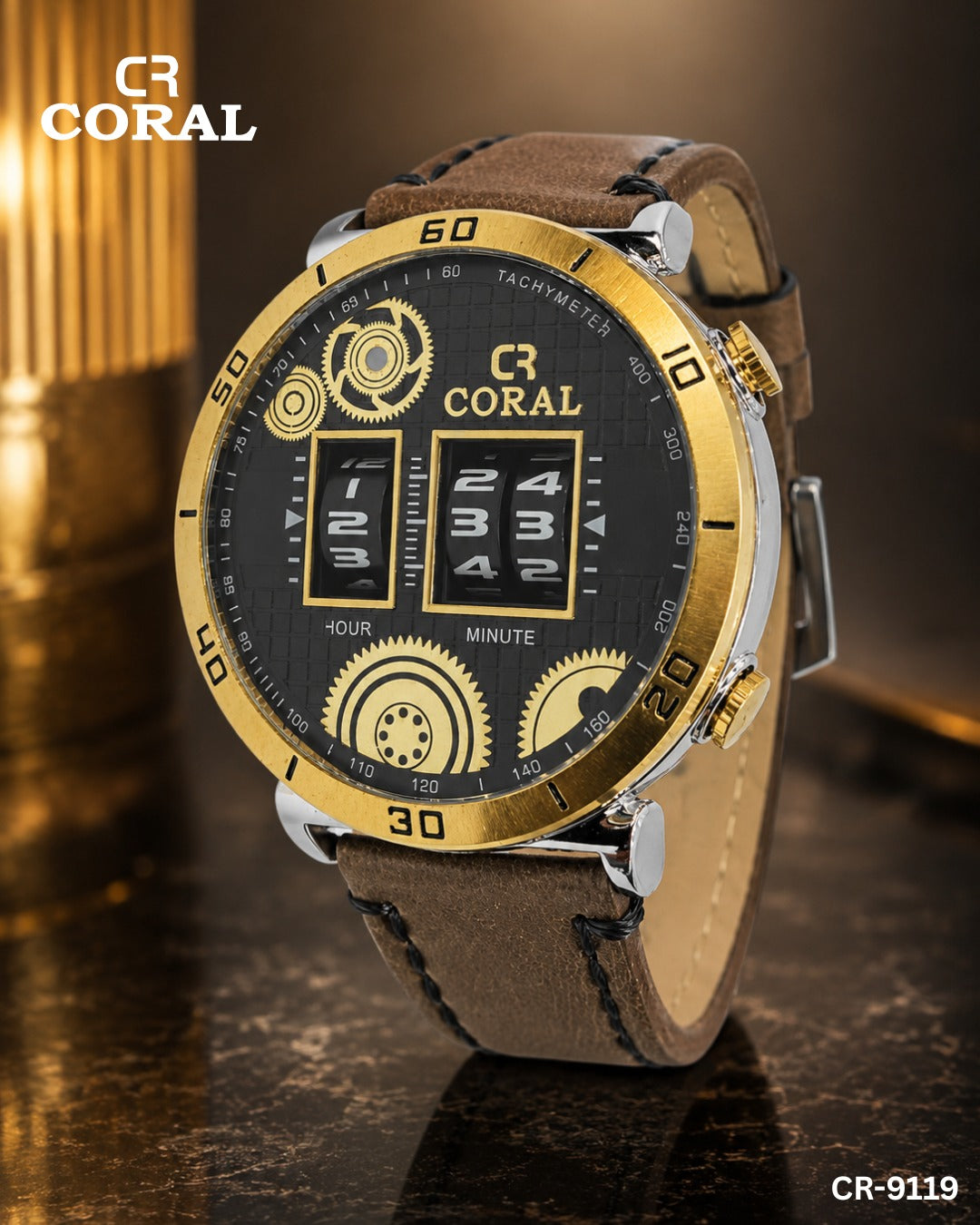 Coral CR-9119 Men’s Luxury Chronograph Watch – Blue & Gold Dial, Premium Leather Strap, Original Watch with 1 Year Warranty