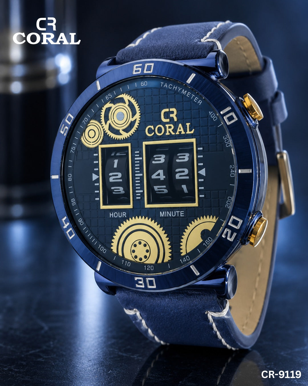 Coral CR-9119 Men’s Luxury Chronograph Watch – Blue & Gold Dial, Premium Leather Strap, Original Watch with 1 Year Warranty