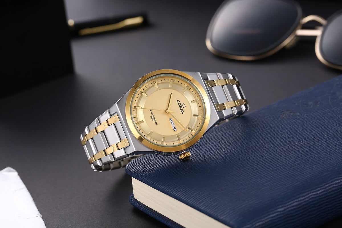Original Coral Watch for Men, Two Tone Stainless Steel Watch with Time, Date and Day Display, 1 Year Warranty