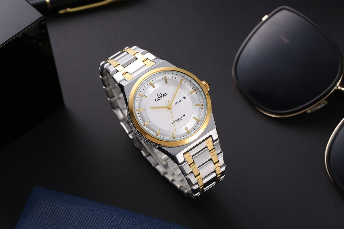 Original Coral Watch for Men, Two Tone Stainless Steel Watch with Time, Date and Day Display, 1 Year Warranty