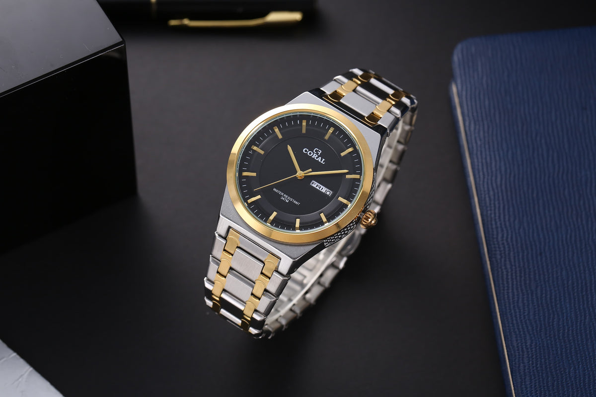 Original Coral Watch for Men, Two Tone Stainless Steel Watch with Time, Date and Day Display, 1 Year Warranty