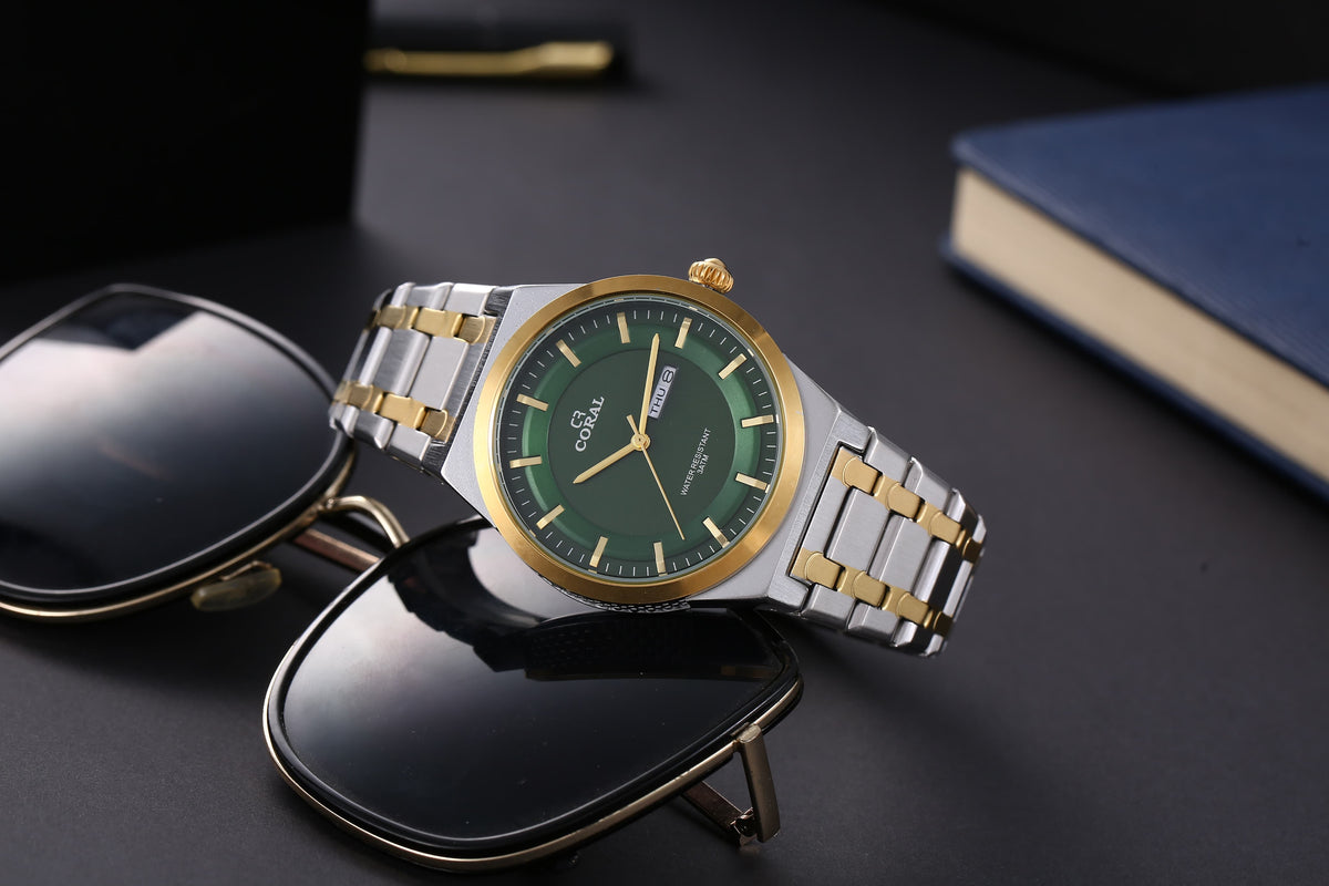 Original Coral Watch for Men, Two Tone Stainless Steel Watch with Time, Date and Day Display, 1 Year Warranty