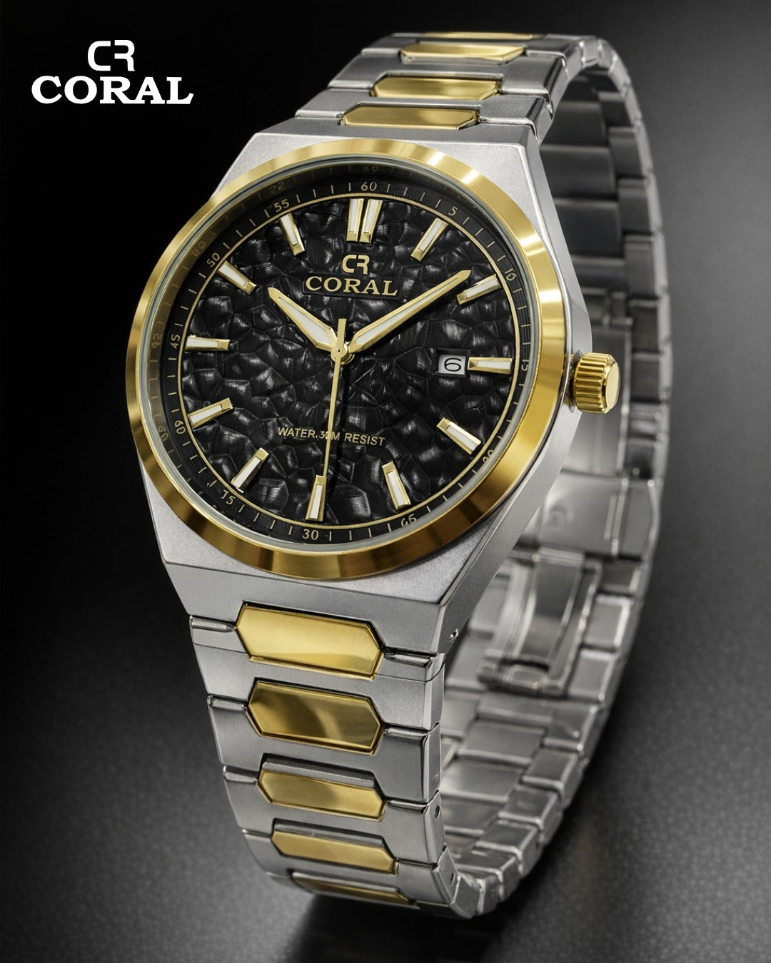 Original Coral Watch for Men, Two Tone Gold and Silver Stainless Steel Watch with Date Display, 1 Year Warranty