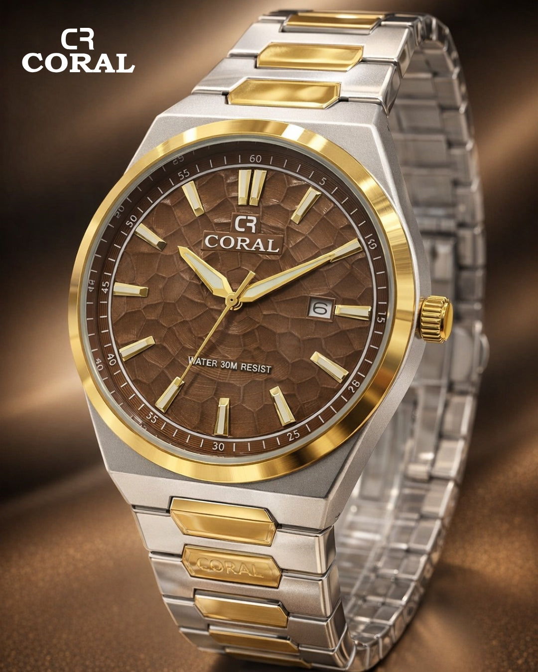 Original Coral Watch for Men, Two Tone Gold and Silver Stainless Steel Watch with Date Display, 1 Year Warranty