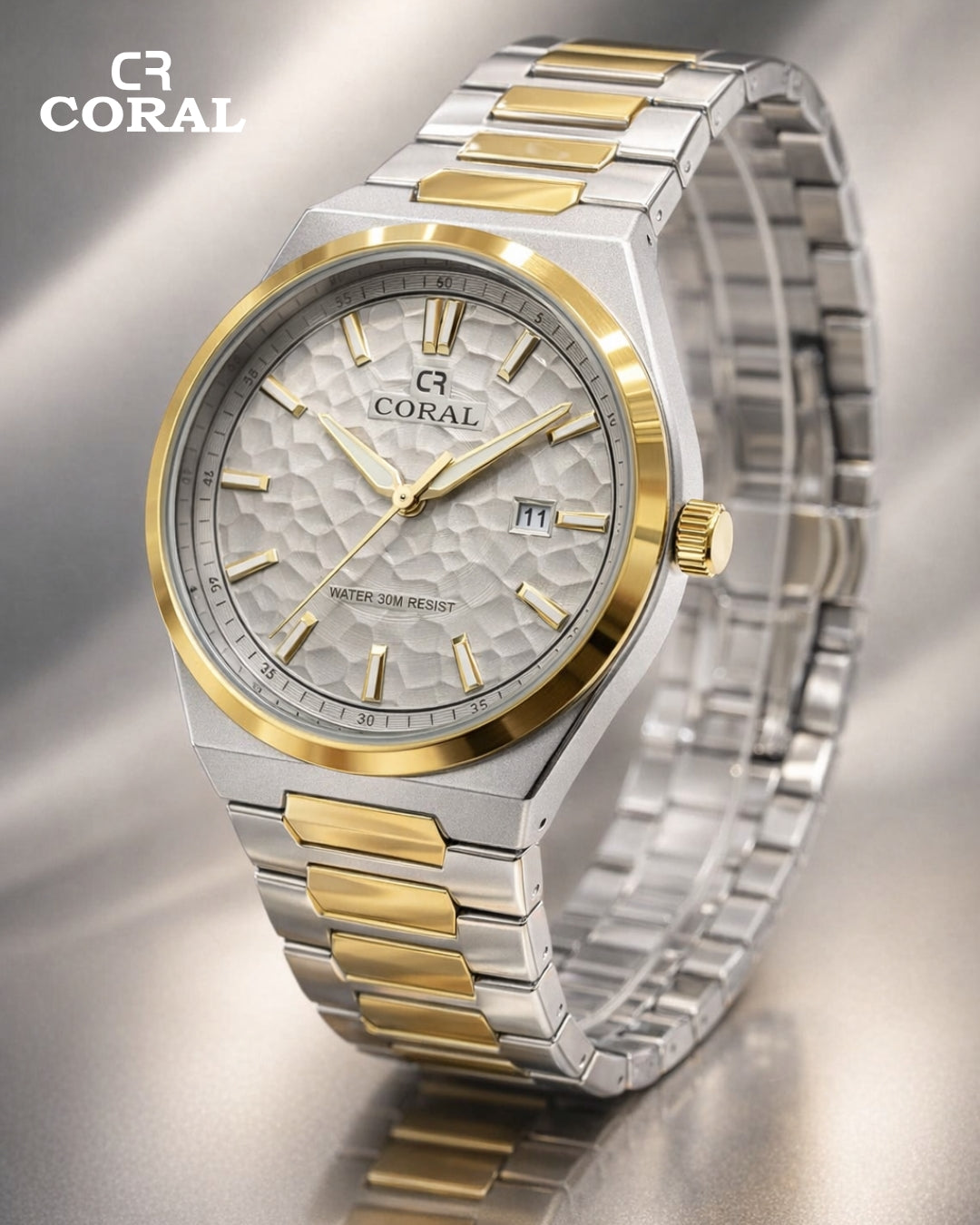 Original Coral Watch for Men, Two Tone Gold and Silver Stainless Steel Watch with Date Display, 1 Year Warranty