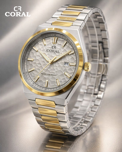 Original Coral Watch for Men, Two Tone Gold and Silver Stainless Steel Watch with Date Display, 1 Year Warranty