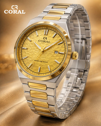Original Coral Watch for Men, Two Tone Gold and Silver Stainless Steel Watch with Date Display, 1 Year Warranty