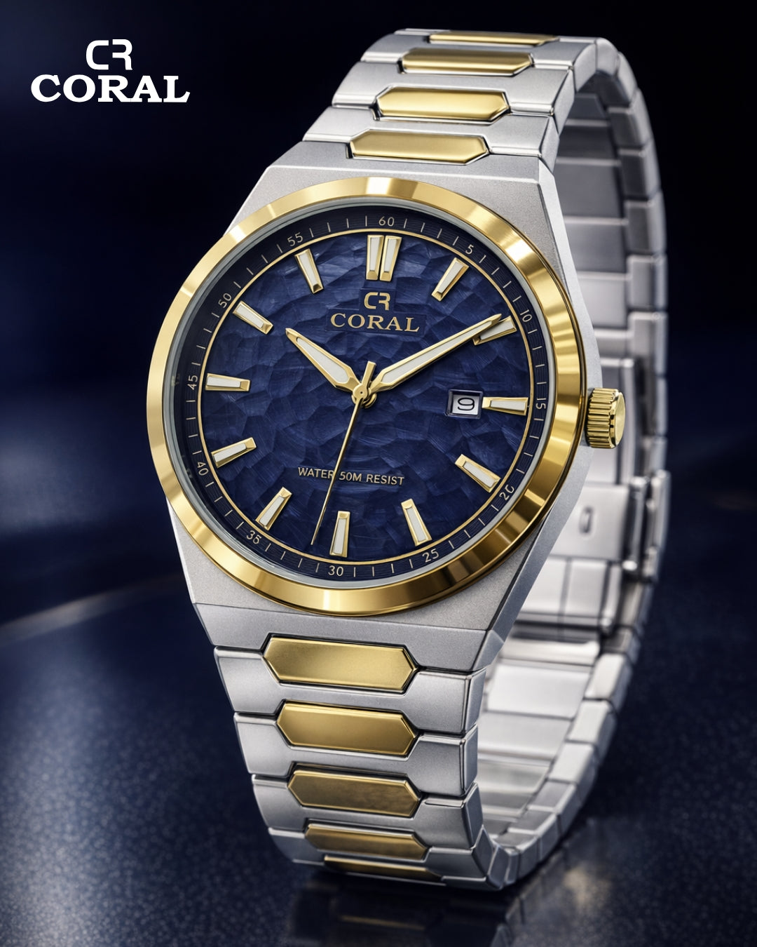 Original Coral Watch for Men, Two Tone Gold and Silver Stainless Steel Watch with Date Display, 1 Year Warranty