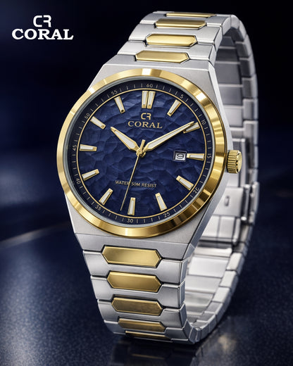 Original Coral Watch for Men, Two Tone Gold and Silver Stainless Steel Watch with Date Display, 1 Year Warranty