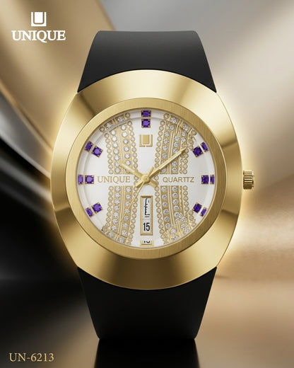 Unique Quartzt UN-6213 Luxury Black & Gold Watch for Men – Crystal Dial, Date & Day Display, Silicone Strap