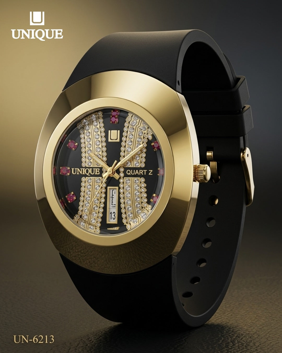 Unique Quartzt UN-6213 Luxury Black & Gold Watch for Men – Crystal Dial, Date & Day Display, Silicone Strap