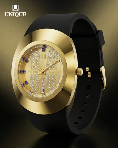 Unique Quartzt UN-6213 Luxury Black & Gold Watch for Men – Crystal Dial, Date & Day Display, Silicone Strap
