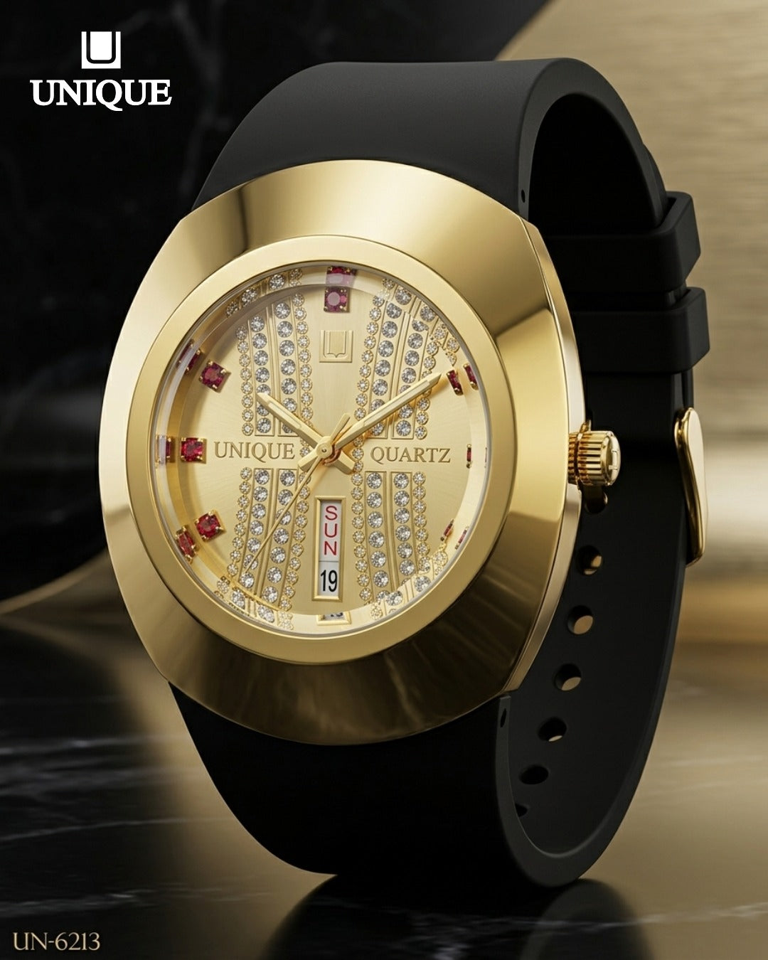Unique Quartzt UN-6213 Luxury Black & Gold Watch for Men – Crystal Dial, Date & Day Display, Silicone Strap
