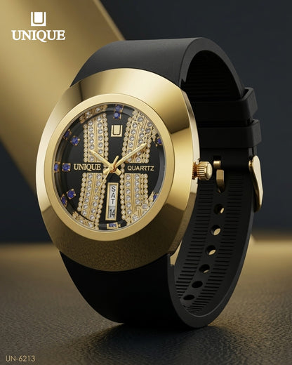 Unique Quartzt UN-6213 Luxury Black & Gold Watch for Men – Crystal Dial, Date & Day Display, Silicone Strap