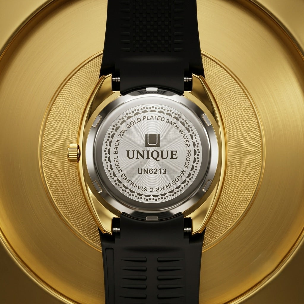 Unique Quartzt UN-6213 Luxury Black & Gold Watch for Men – Crystal Dial, Date & Day Display, Silicone Strap
