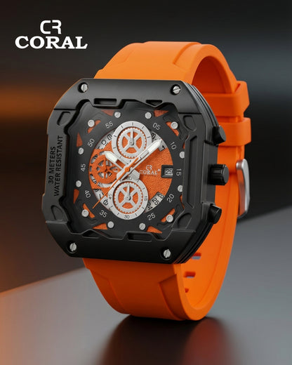 CR Coral  Luxury Chronograph Watch for Men – Black & Gold Case, Silicone Strap | 30M Water Resistant