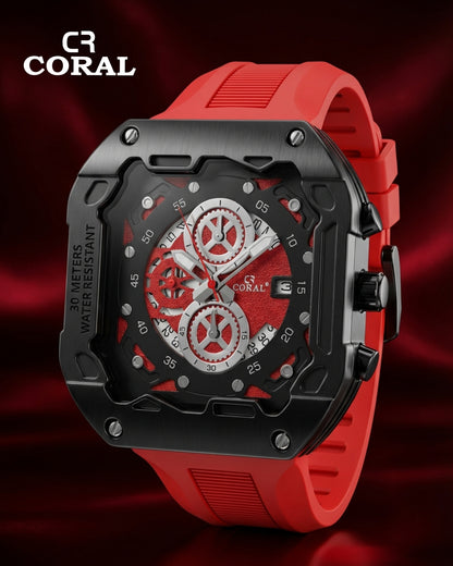 CR Coral  Luxury Chronograph Watch for Men – Black & Gold Case, Silicone Strap | 30M Water Resistant