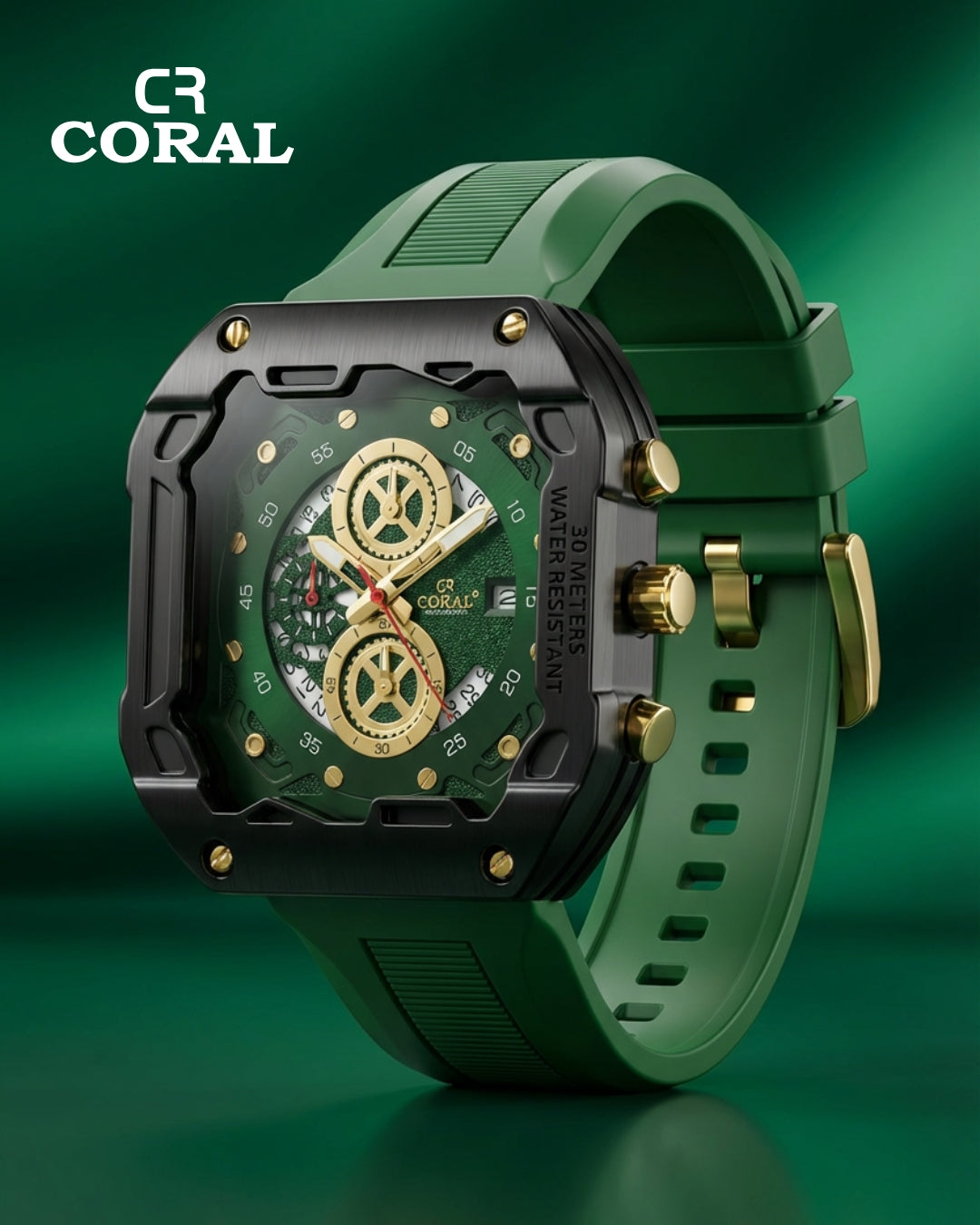 CR Coral  Luxury Chronograph Watch for Men – Black & Gold Case, Silicone Strap | 30M Water Resistant