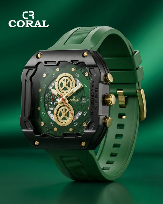 CR Coral  Luxury Chronograph Watch for Men – Black & Gold Case, Silicone Strap | 30M Water Resistant
