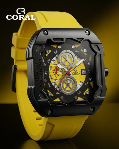 CR Coral  Luxury Chronograph Watch for Men – Black & Gold Case, Silicone Strap | 30M Water Resistant
