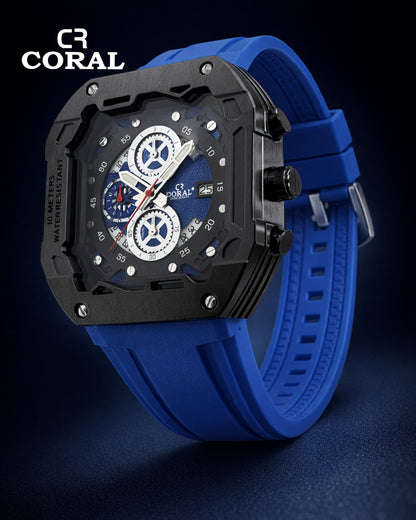 CR Coral  Luxury Chronograph Watch for Men – Black & Gold Case, Silicone Strap | 30M Water Resistant