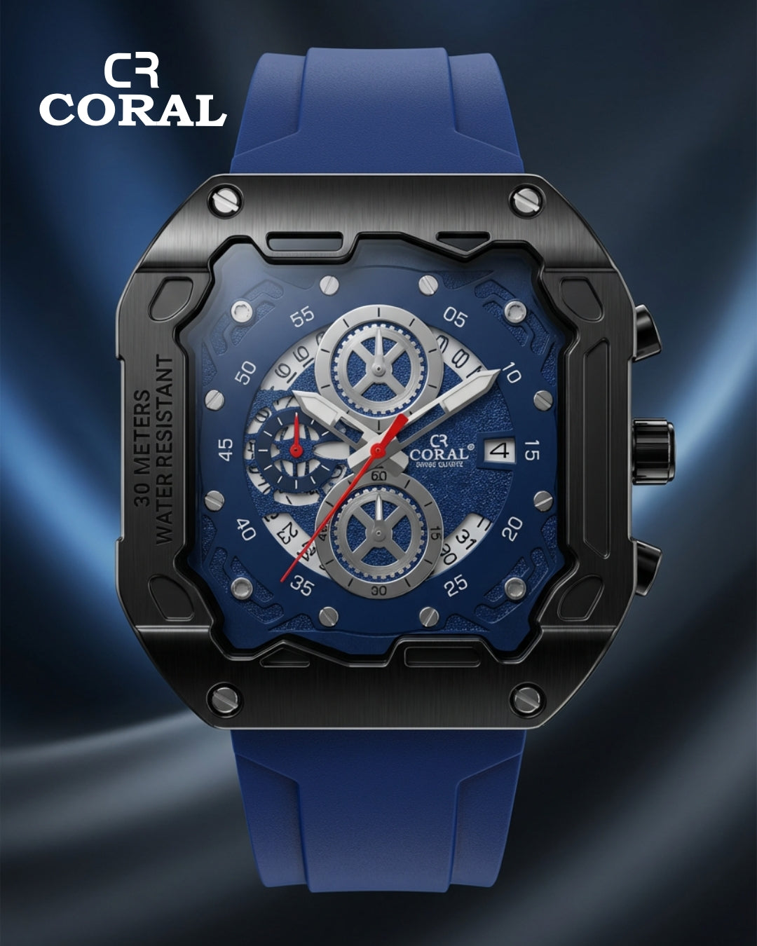 CR Coral  Luxury Chronograph Watch for Men – Black & Gold Case, Silicone Strap | 30M Water Resistant