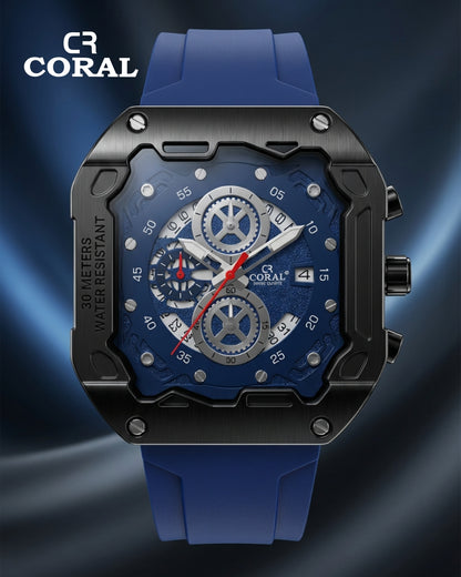 CR Coral  Luxury Chronograph Watch for Men – Black & Gold Case, Silicone Strap | 30M Water Resistant