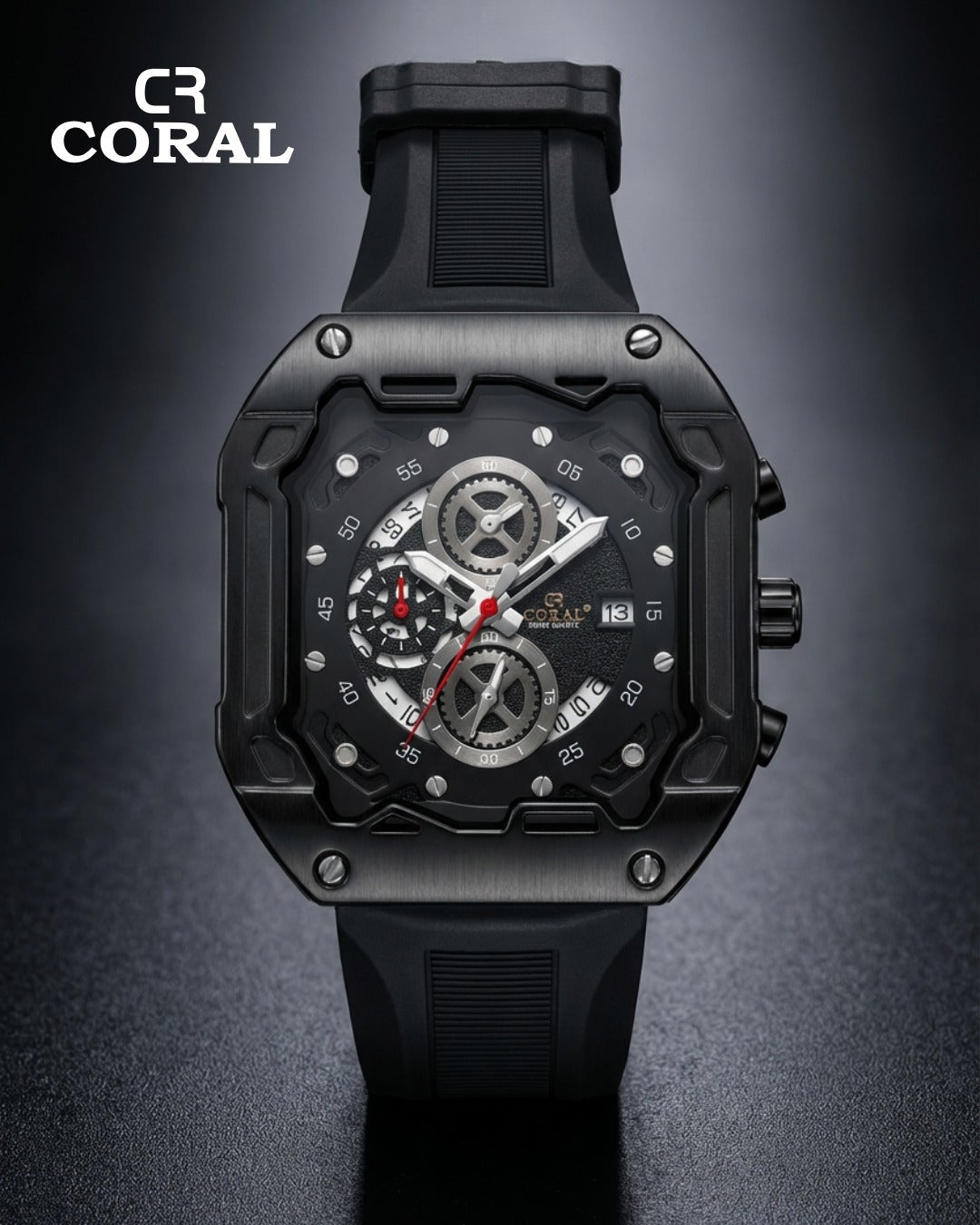 CR Coral  Luxury Chronograph Watch for Men – Black & Gold Case, Silicone Strap | 30M Water Resistant