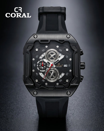 CR Coral  Luxury Chronograph Watch for Men – Black & Gold Case, Silicone Strap | 30M Water Resistant