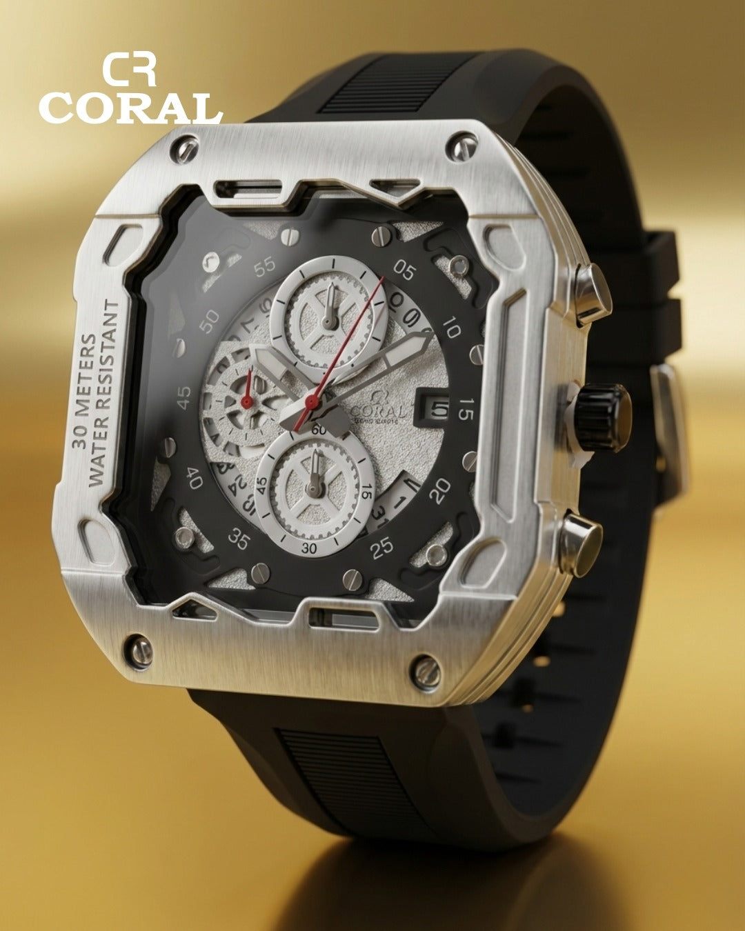 CR Coral  Luxury Chronograph Watch for Men – Black & Gold Case, Silicone Strap | 30M Water Resistant