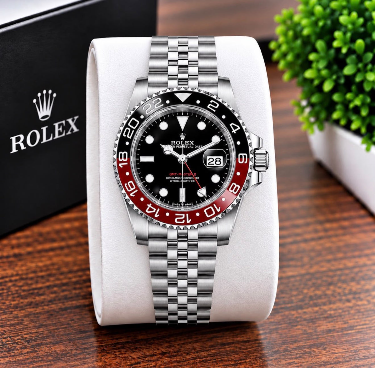 Luxury Black & Blue GMT Style Watch for Men – Silver-Tone Bracelet, Black Dial & Date Display