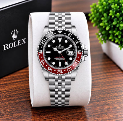 Luxury Black & Blue GMT Style Watch for Men – Silver-Tone Bracelet, Black Dial & Date Display